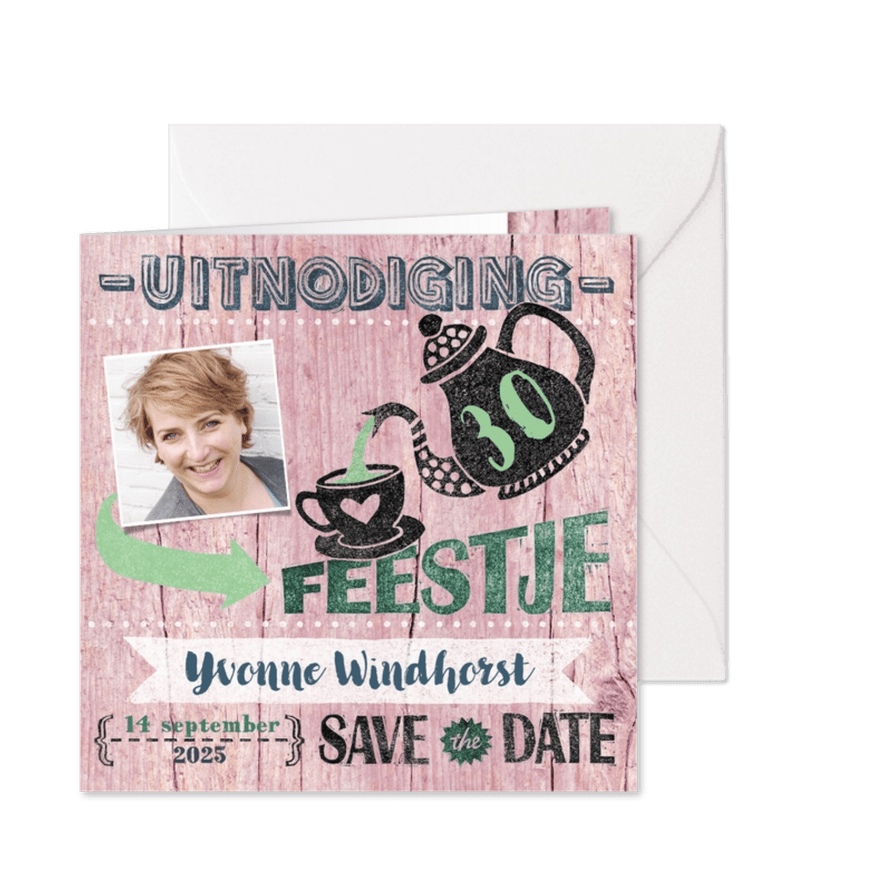 High tea uitnodiging vrouw roze hout stempel - Kaartimpressie