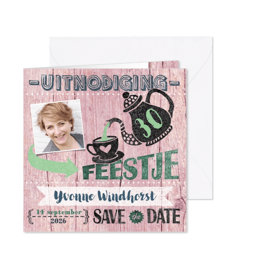 High tea uitnodiging vrouw roze hout stempel - Kaartimpressie