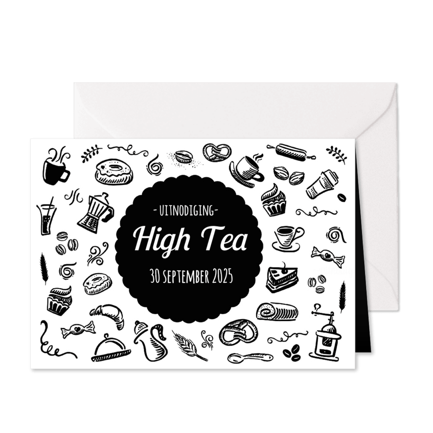 High Tea Uitnodiging Zwart Wit - Kaartimpressie