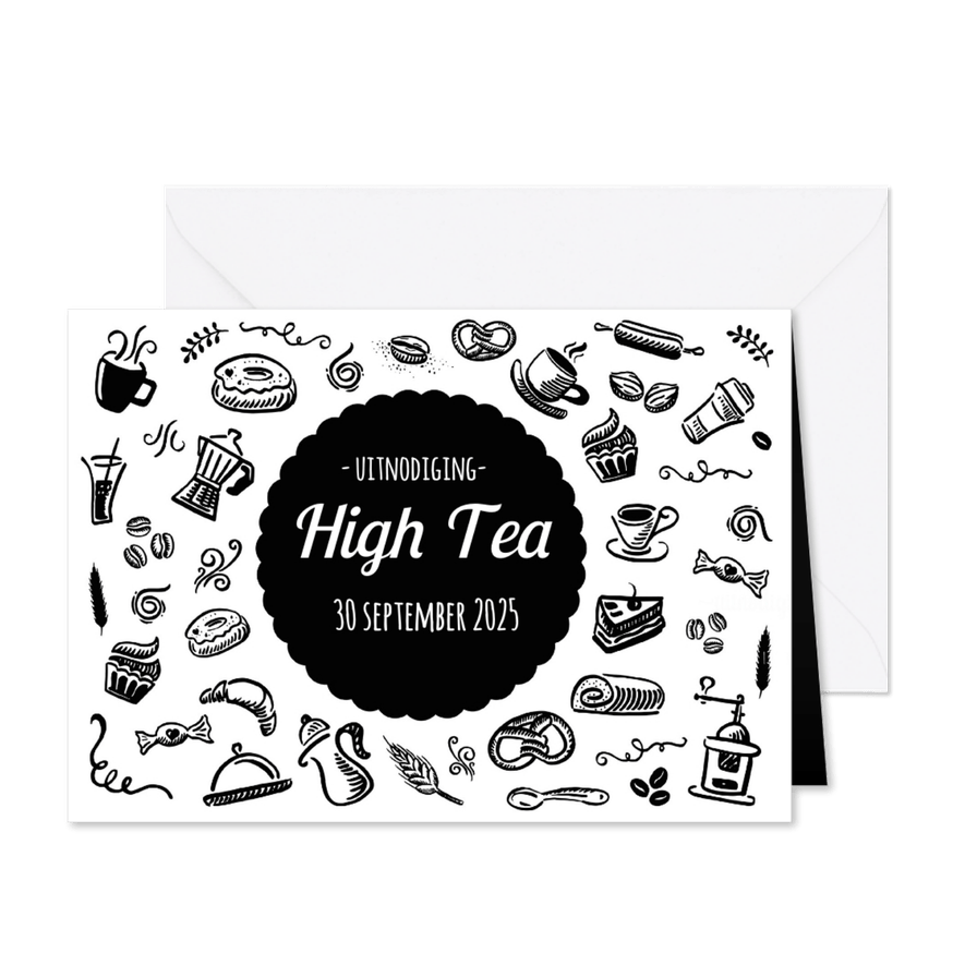 High Tea Uitnodiging Zwart Wit - Kaartimpressie