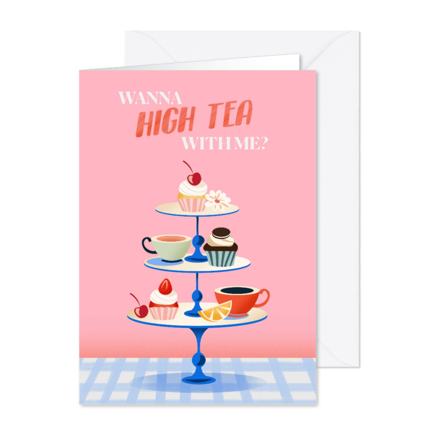 Hightea uitnodiging met vrolijke illustratie - Kaartimpressie