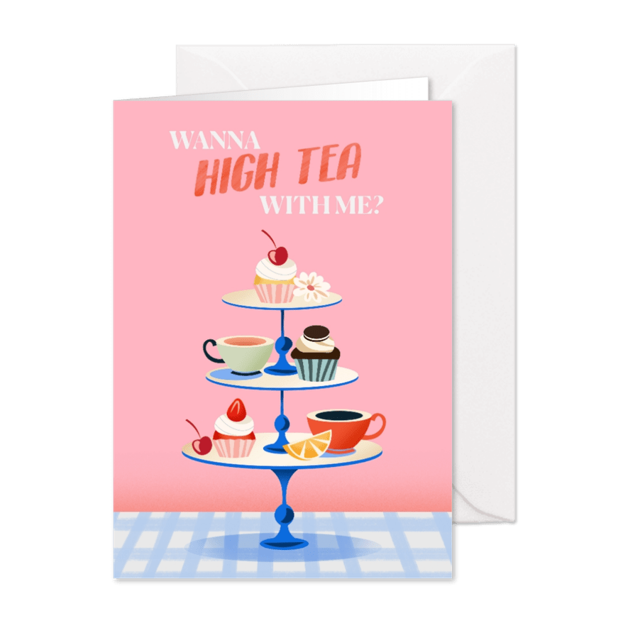 Hightea uitnodiging met vrolijke illustratie - Kaartimpressie