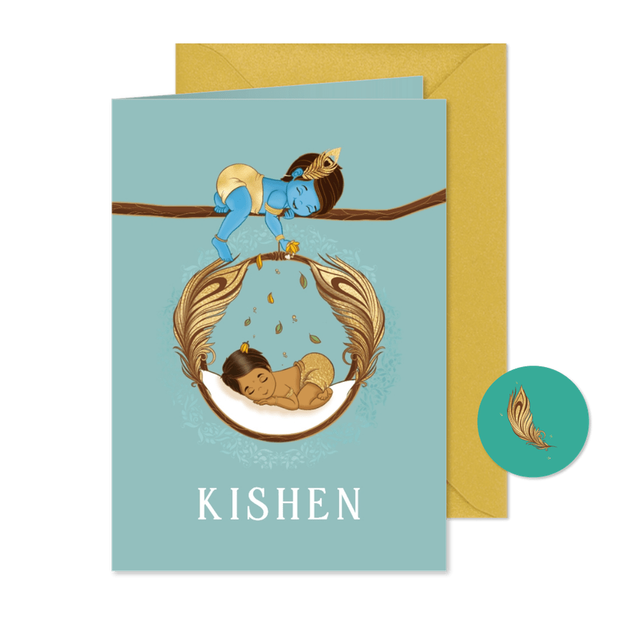 Hindoestaanse geboortekaartje Krishna en baby - Kaartimpressie