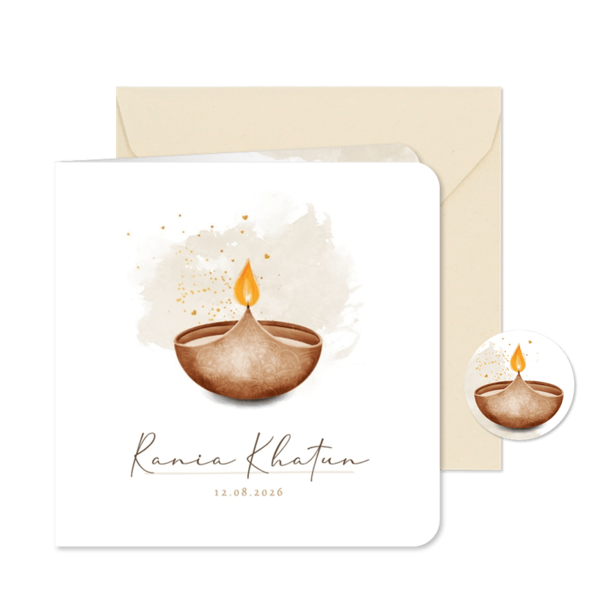 Hindoestaanse rouwkaart Diya lichtje waterverf hartjes - Kaartimpressie