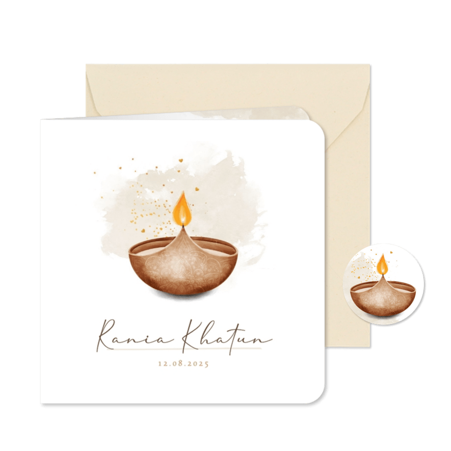 Hindoestaanse rouwkaart Diya lichtje waterverf hartjes - Kaartimpressie