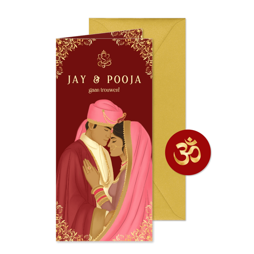 Hindoestaanse trouwkaart met bruidspaar illustratie - Kaartimpressie