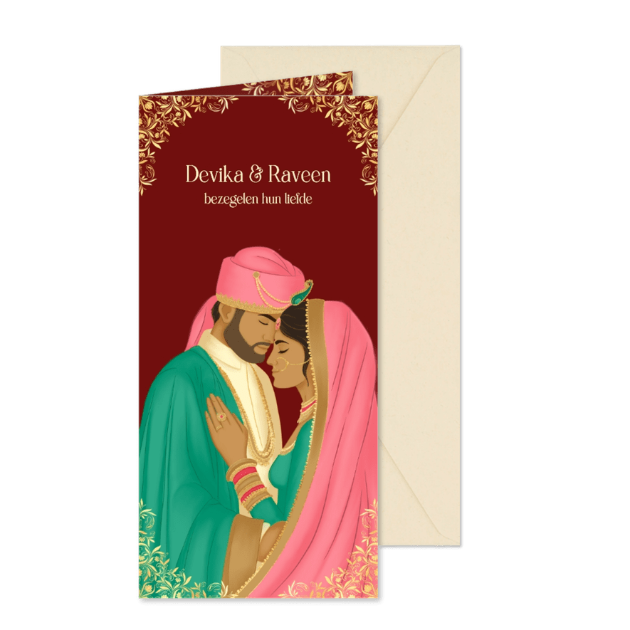 Hindoestaanse trouwkaart met een bruidspaar in roze groen - Kaartimpressie