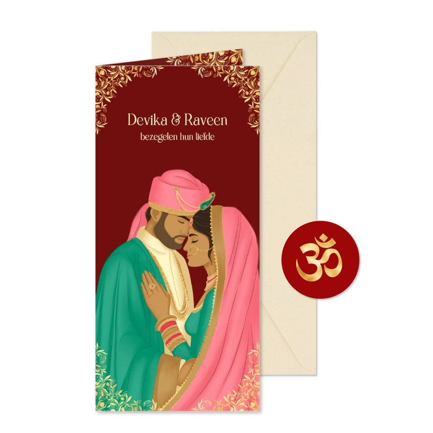 Hindoestaanse trouwkaart met een bruidspaar in roze groen - Kaartimpressie