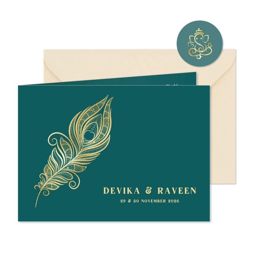 Hindoestaanse trouwkaart met gouden pauwenveer  - Kaartimpressie
