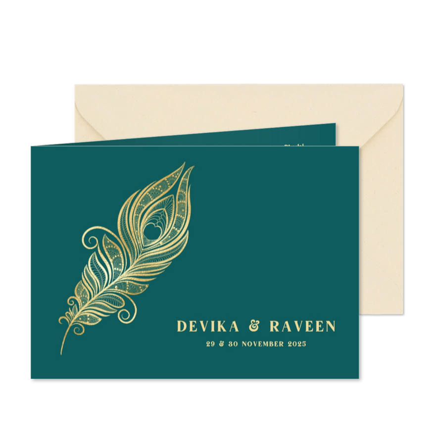 Hindoestaanse trouwkaart met gouden pauwenveer  - Kaartimpressie