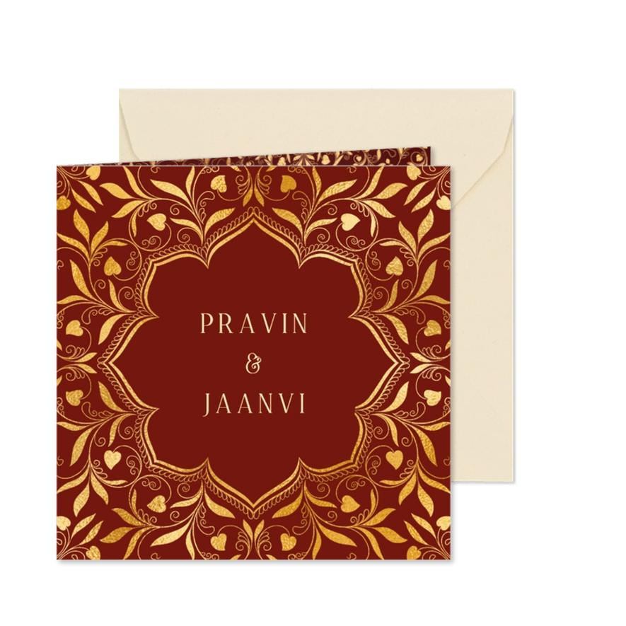 Hindoestaanse trouwkaart met henna patronen en hartjes - Kaartimpressie