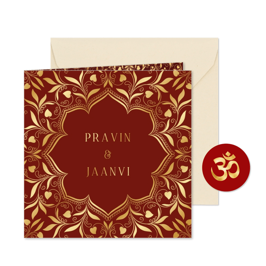 Hindoestaanse trouwkaart met henna patronen en hartjes - Kaartimpressie