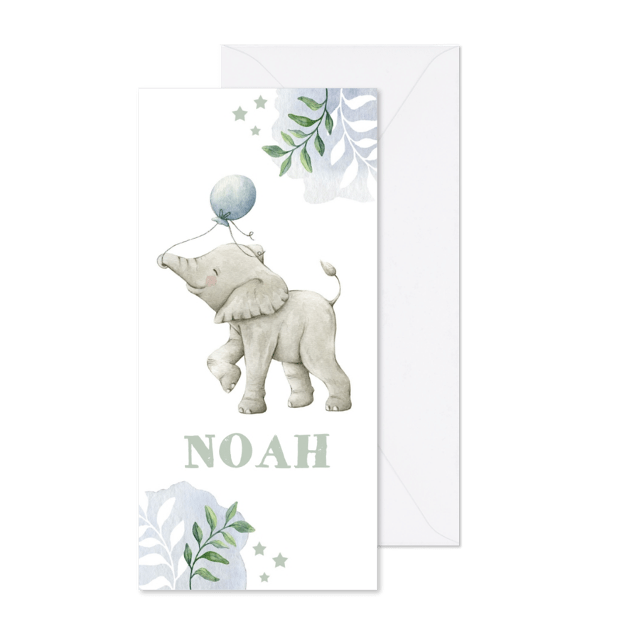 Hip botanisch geboortekaartje jongen met olifantje en ballon - Kaartimpressie