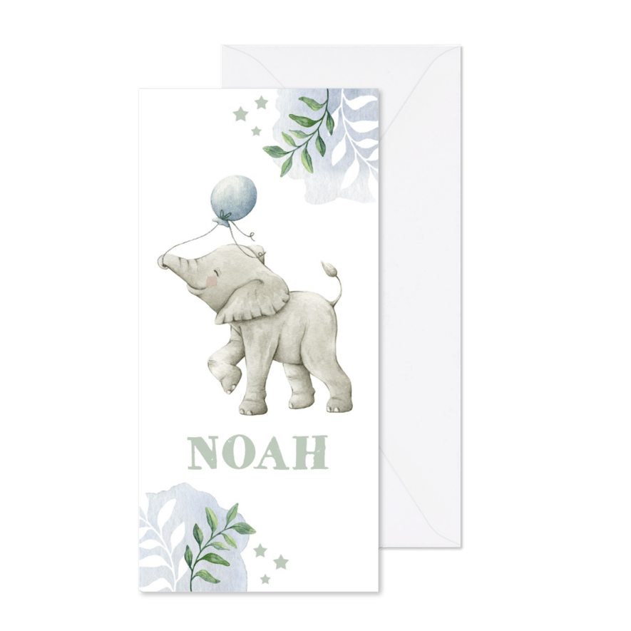 Hip botanisch geboortekaartje jongen met olifantje en ballon - Kaartimpressie