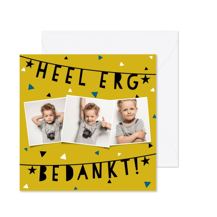 Hip eerste communie bedankkaartje met slingers en foto's - Kaartimpressie