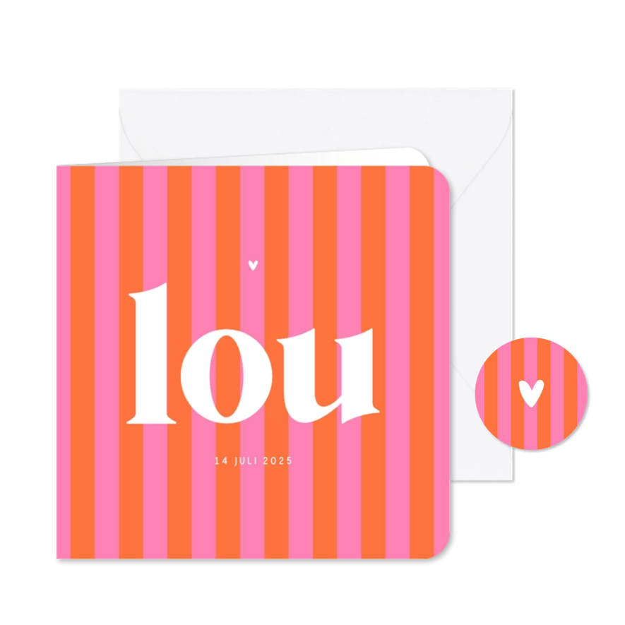 Hip en trendy geboortekaartje gestreept roze oranje hartje - Kaartimpressie