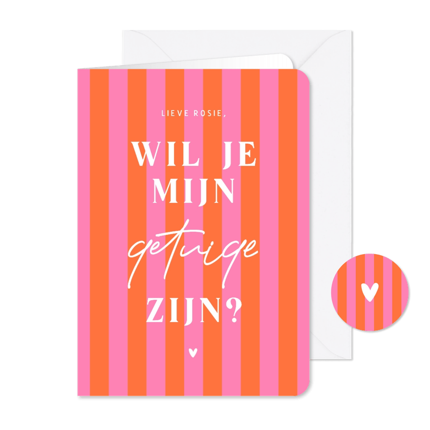 Hip en trendy getuigekaartje met roze oranje streepjes hart - Kaartimpressie