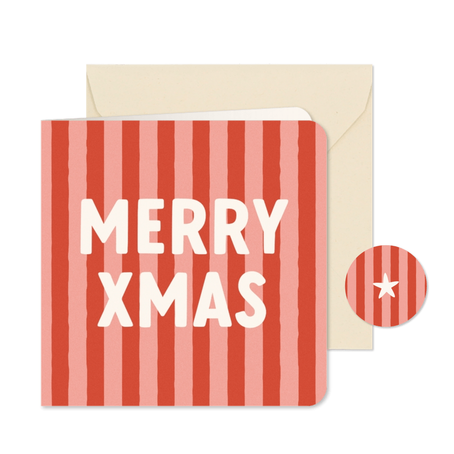 Hip en trendy kerstkaartje roodroze streep merry xmas - Kaartimpressie