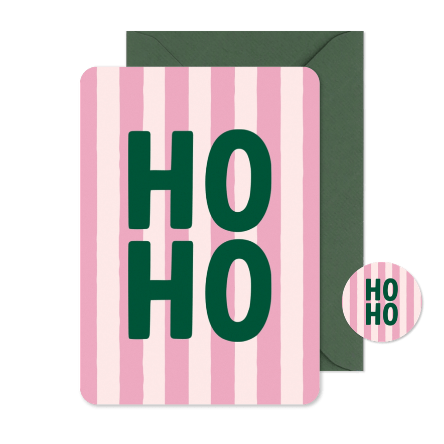 Hip en trendy kerstkaartje roze streep ho ho met groen - Kaartimpressie