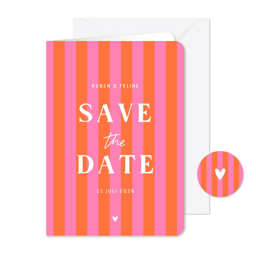 Hip en trendy save the date hartje gestreept oranje roze - Kaartimpressie