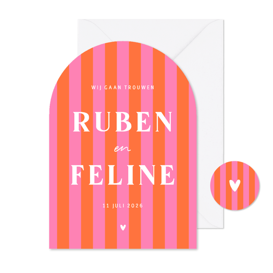 Hip en trendy trouwkaartje gestreept roze oranje hartje boog - Kaartimpressie