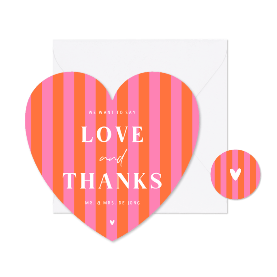 Hip en trendy trouwkaartje gestreept roze oranje hartvorm - Kaartimpressie