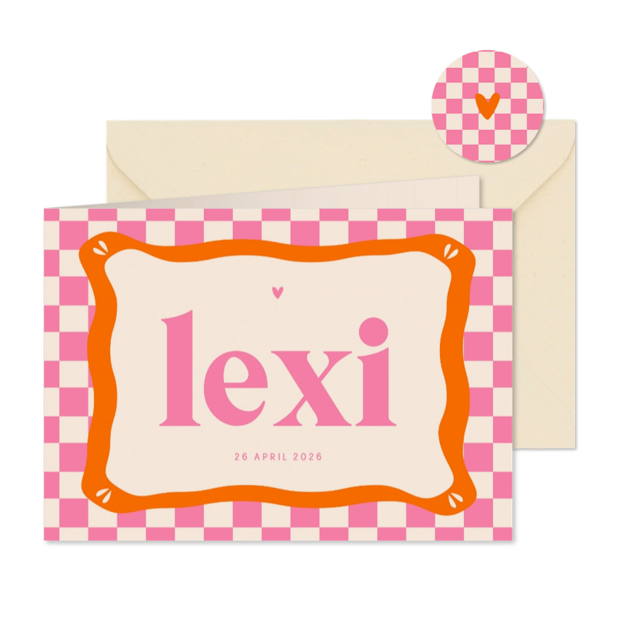 Hip geboorte kaartje oranje roze blokjes groovy vorm - Kaartimpressie