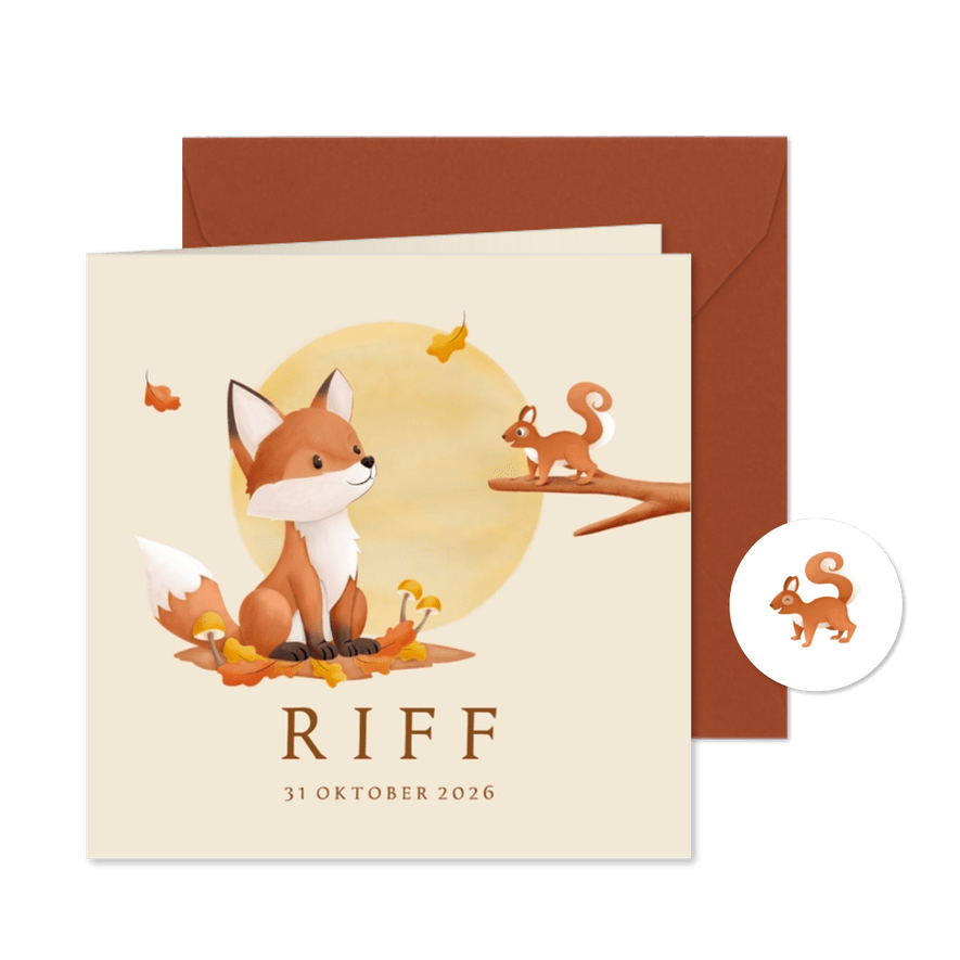 Hip geboortekaartje bosdieren illustratie vosje en eekhoorn - Kaartimpressie