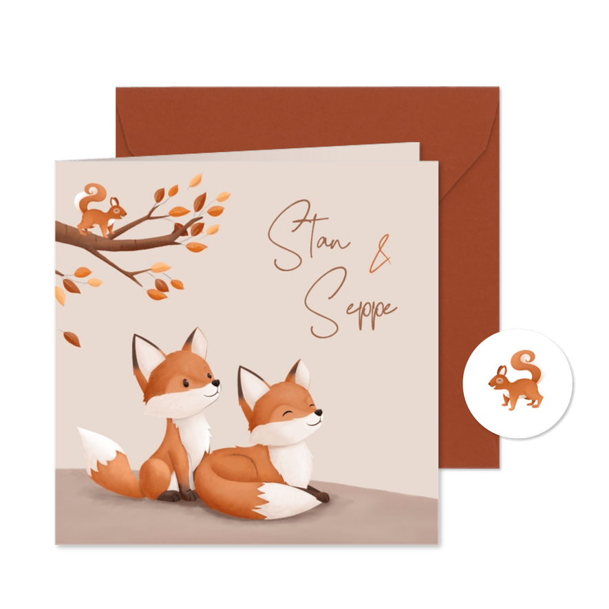Hip geboortekaartje bosdieren illustratie vosjes tweeling - Kaartimpressie