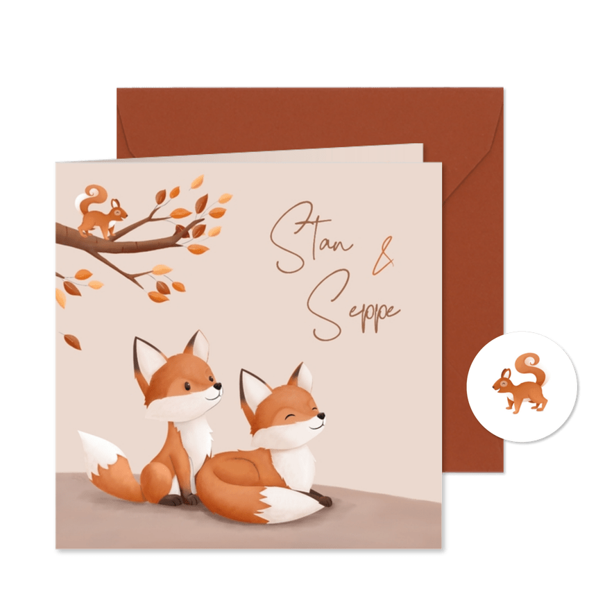 Hip geboortekaartje bosdieren illustratie vosjes tweeling - Kaartimpressie
