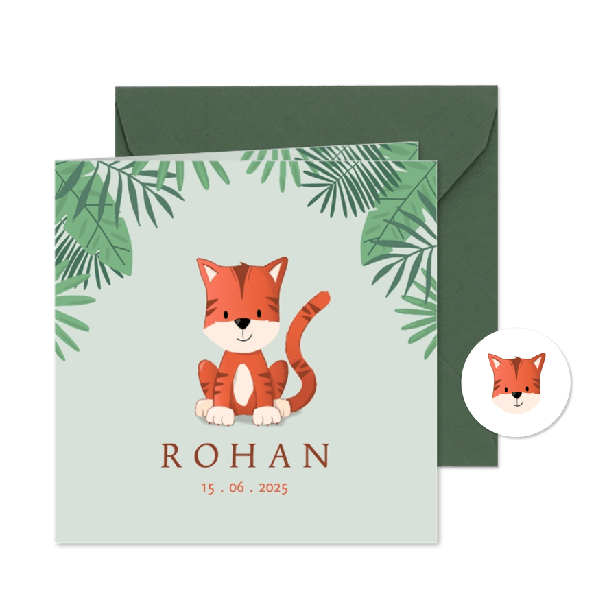 Hip geboortekaartje illustratie bohemian jungle tijger - Kaartimpressie