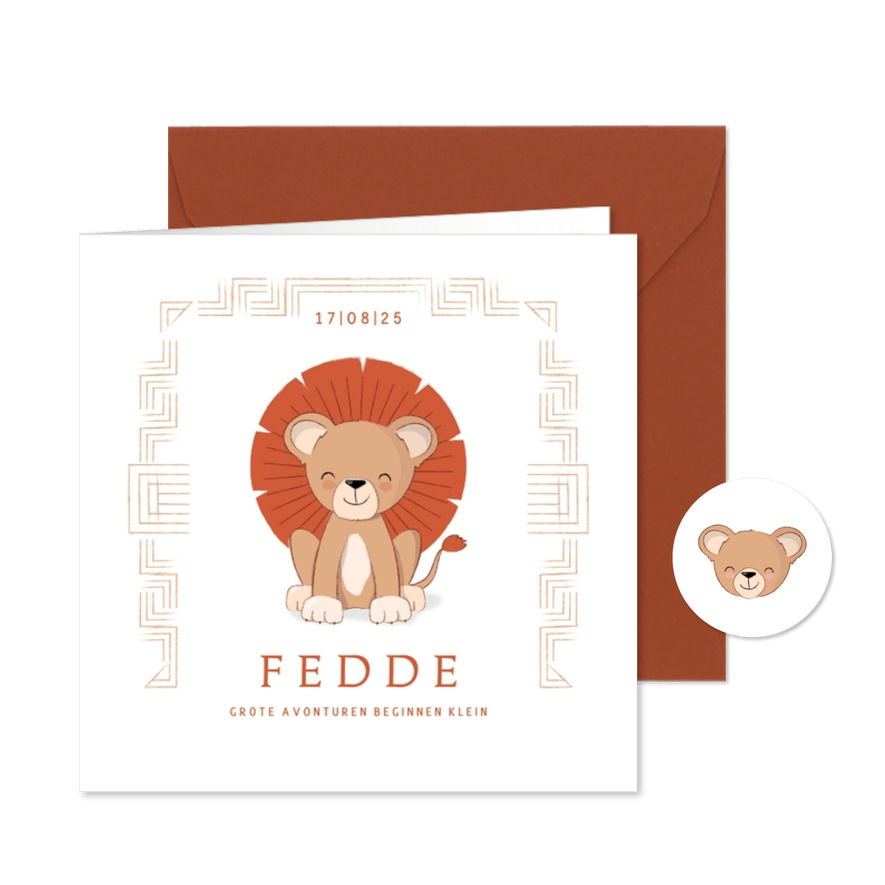 Hip geboortekaartje illustratie leeuwtje met manen - Kaartimpressie