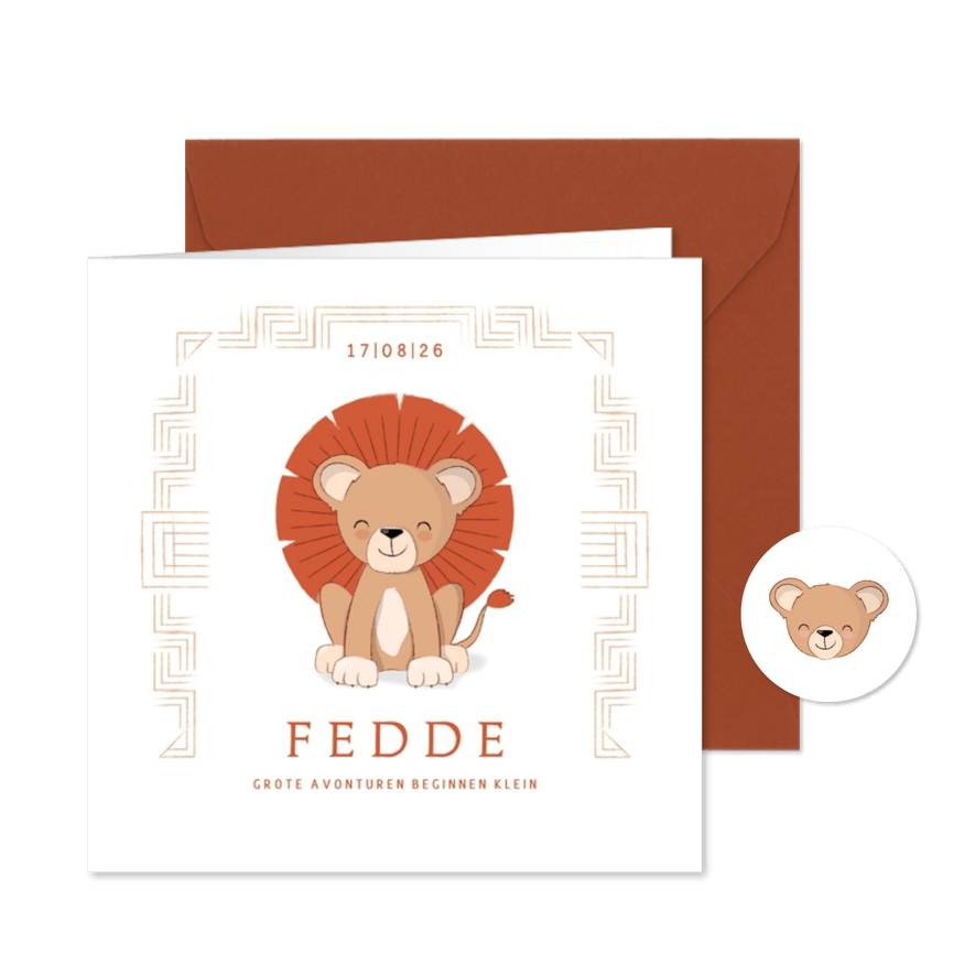 Hip geboortekaartje illustratie leeuwtje met manen - Kaartimpressie