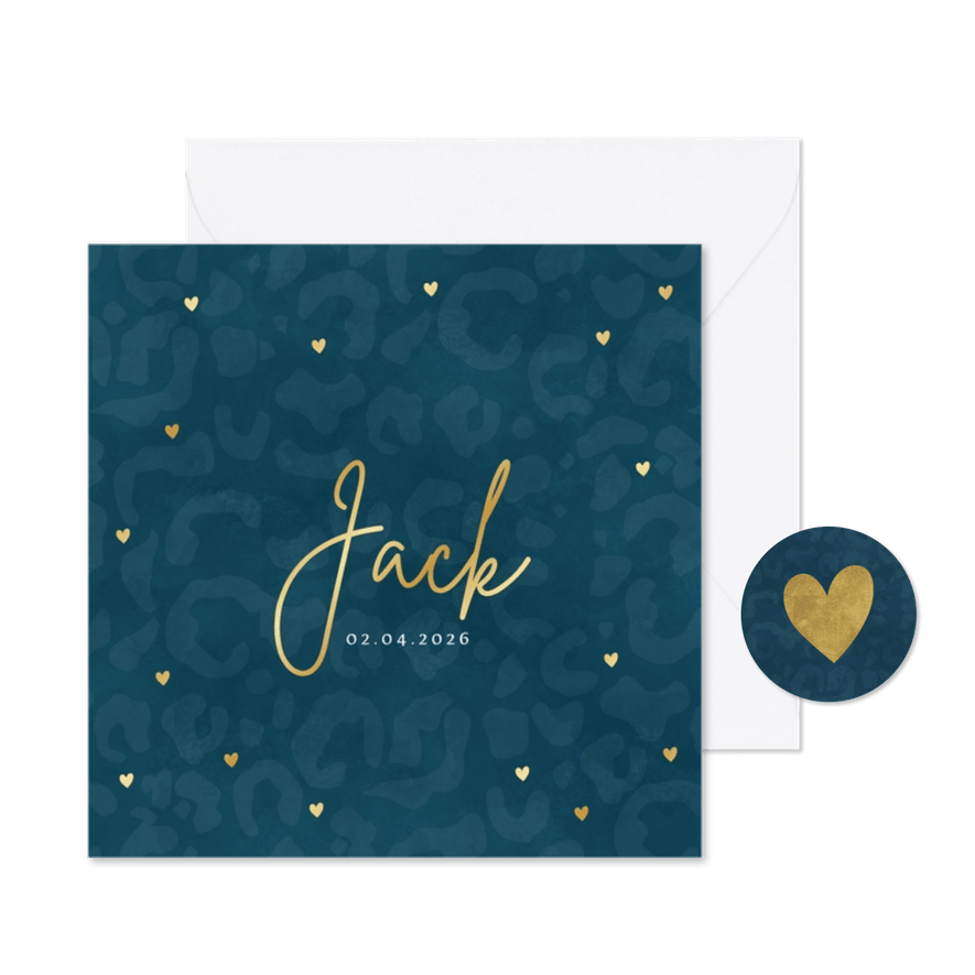 Hip geboortekaartje jongetje panterprint en gouden hartjes - Kaartimpressie
