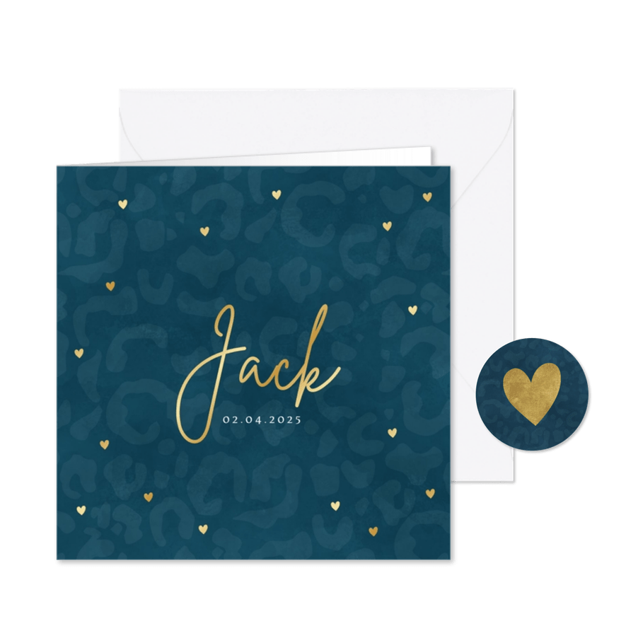 Hip geboortekaartje jongetje panterprint en gouden hartjes - Kaartimpressie