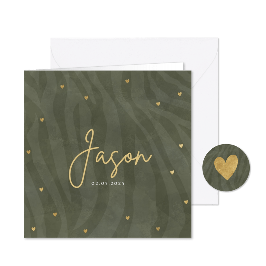 Hip geboortekaartje jongetje tijgerprint en gouden hartjes - Kaartimpressie