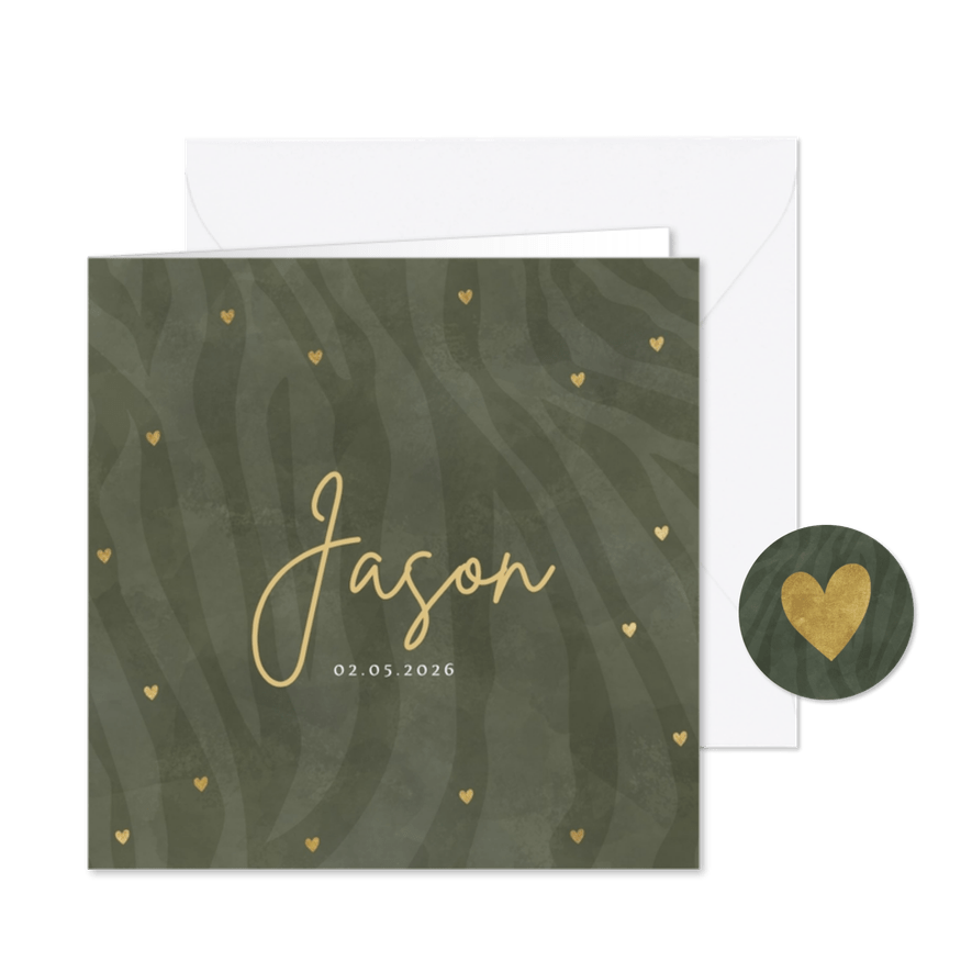 Hip geboortekaartje jongetje tijgerprint en gouden hartjes - Kaartimpressie