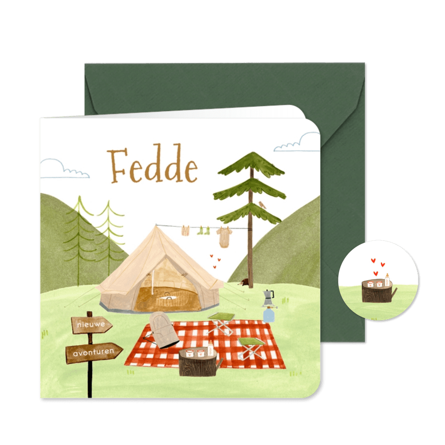 Hip geboortekaartje kamperen bergen tent wipstoel - Kaartimpressie