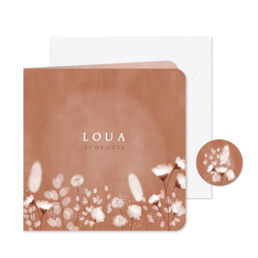 Hip geboortekaartje meisje met droogbloemen en waterverf - Kaartimpressie