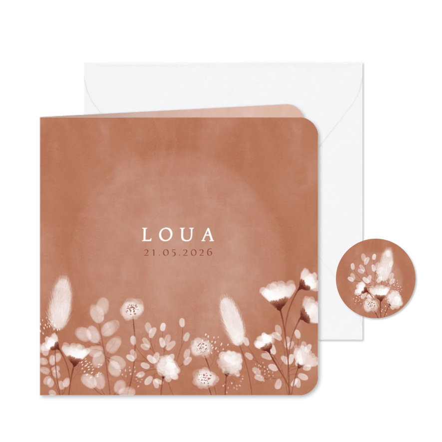 Hip geboortekaartje meisje met droogbloemen en waterverf - Kaartimpressie