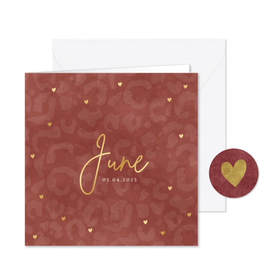 Hip geboortekaartje meisje met panterprint en gouden hartjes - Kaartimpressie