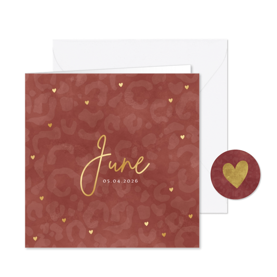 Hip geboortekaartje meisje met panterprint en gouden hartjes - Kaartimpressie