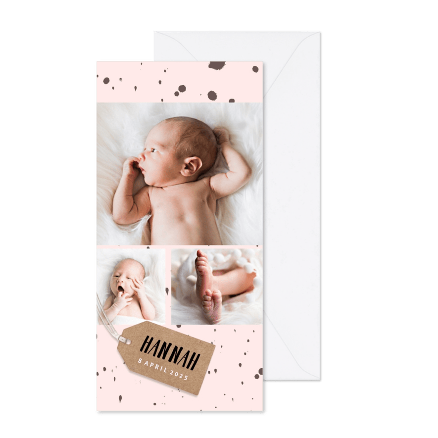Hip geboortekaartje met 3 foto's - Kaartimpressie