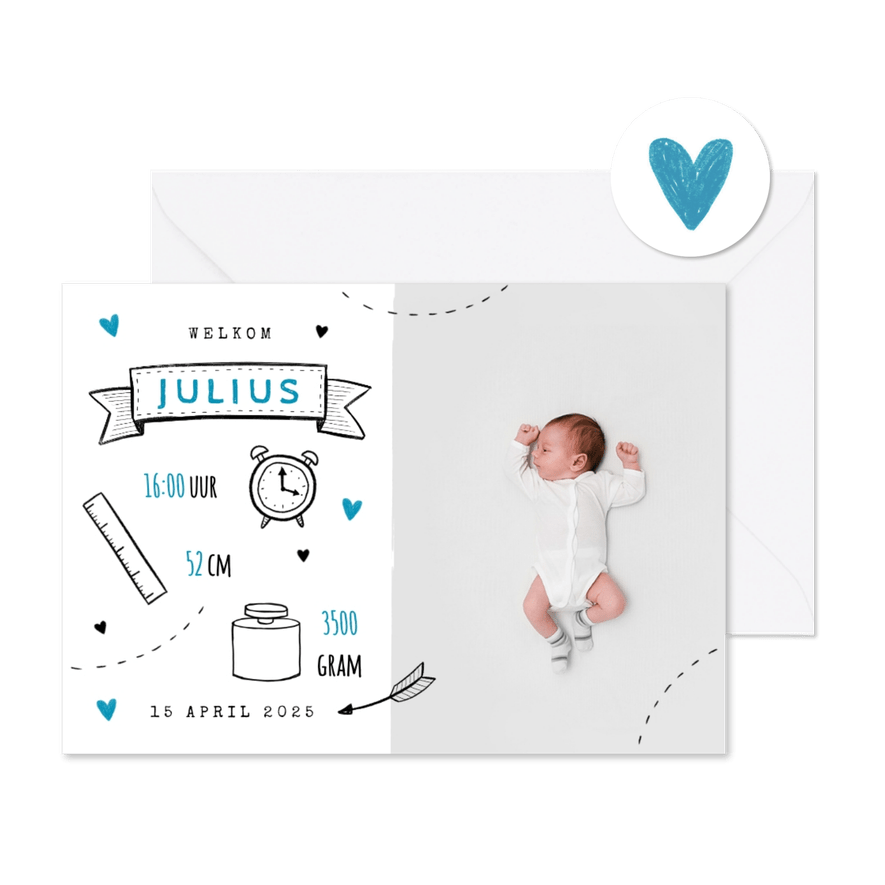 Hip geboortekaartje met doodle illustraties jongen foto - Kaartimpressie