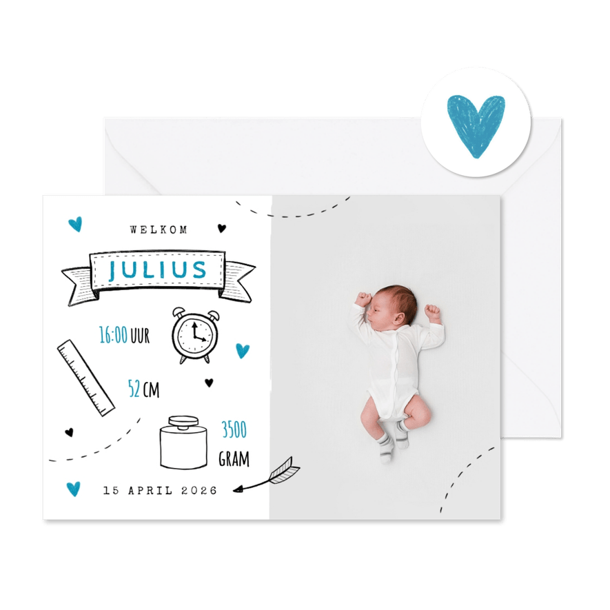 Hip geboortekaartje met doodle illustraties jongen foto - Kaartimpressie