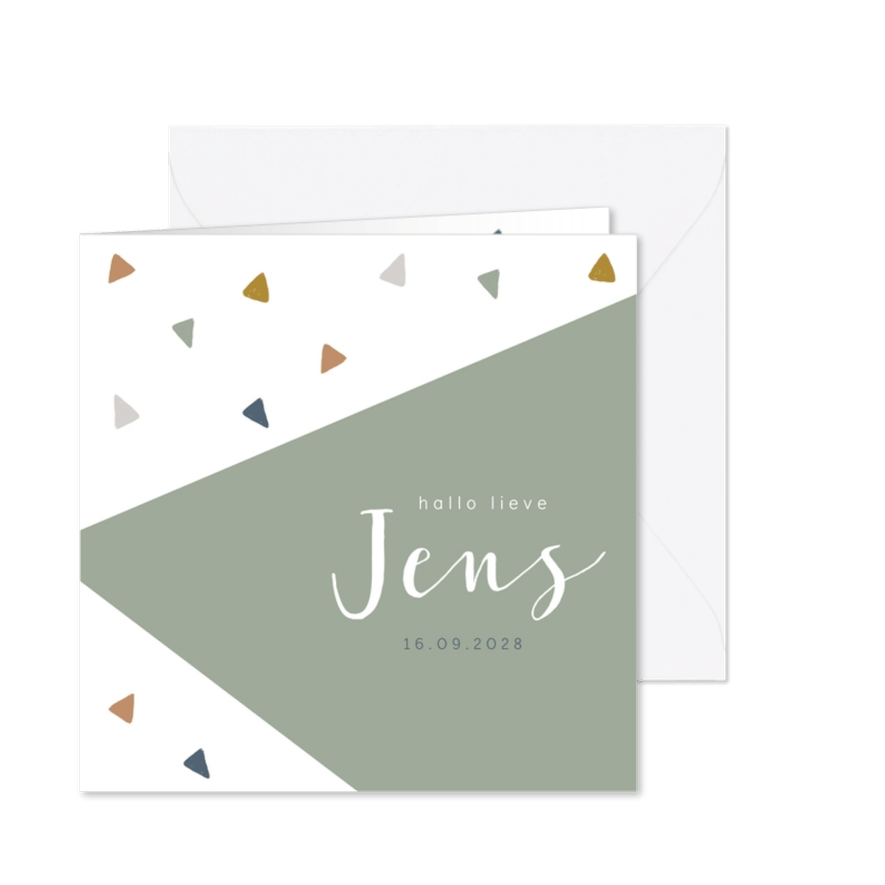 Hip geboortekaartje met gekleurde driehoekjes - Kaartimpressie