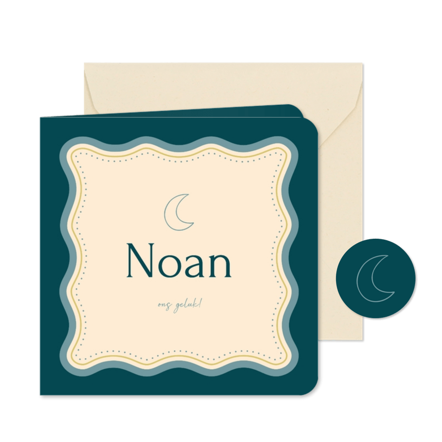 Hip geboortekaartje met golvend kader en maan - Kaartimpressie