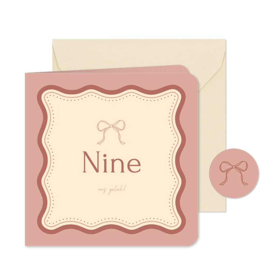 Hip geboortekaartje met golvend kader en strik - Kaartimpressie