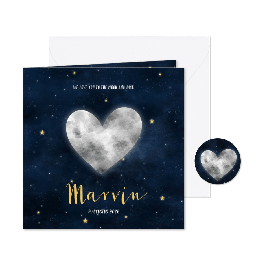Hip geboortekaartje met hartvormige maan en sterrenstelsel - Kaartimpressie