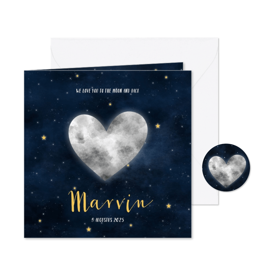 Hip geboortekaartje met hartvormige maan en sterrenstelsel - Kaartimpressie